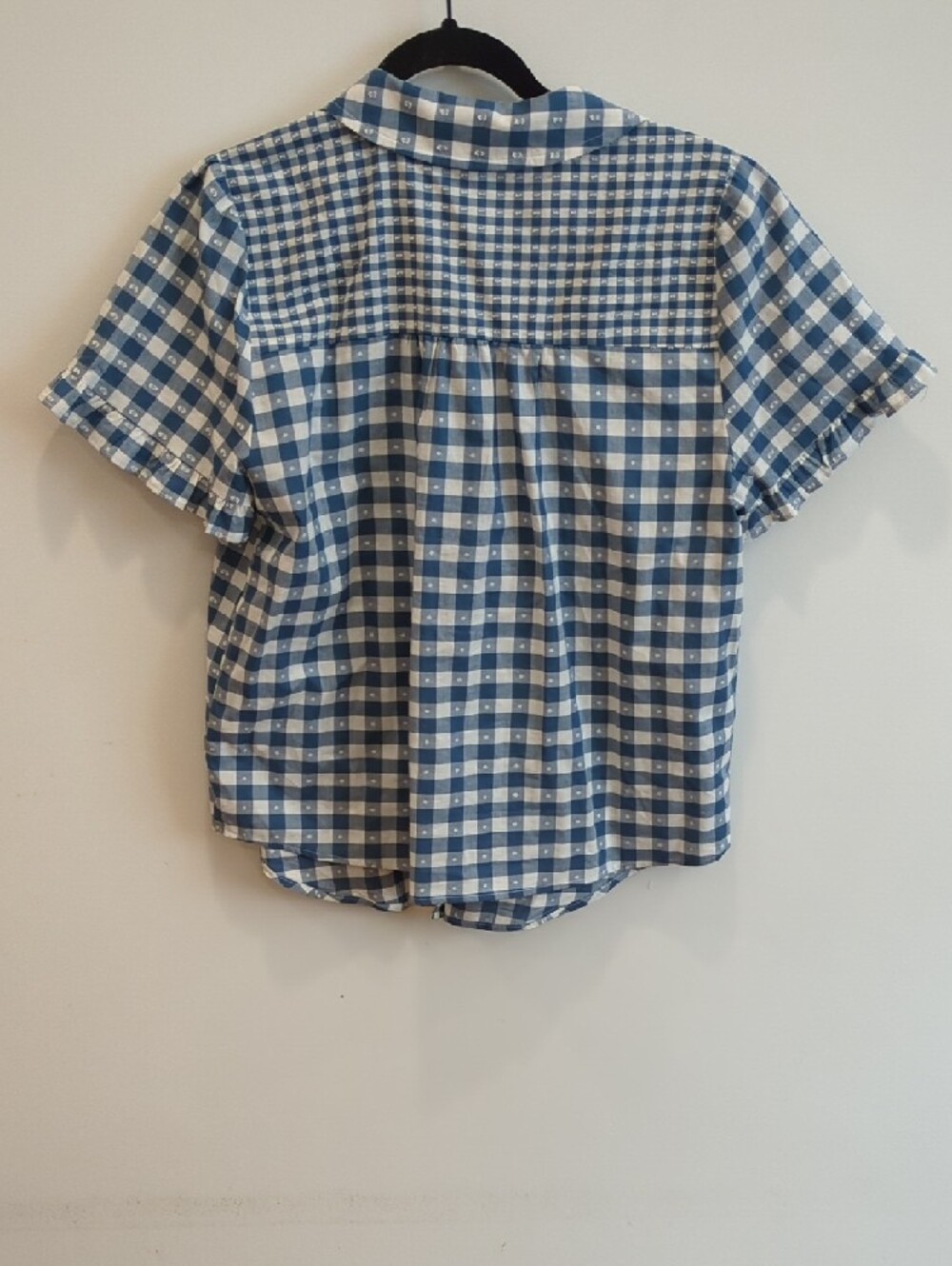 Cottage Coastal Western Lauren Conrad Blue White Gingham Ruffle Sleeve Top (S) - Picture 7 of 7